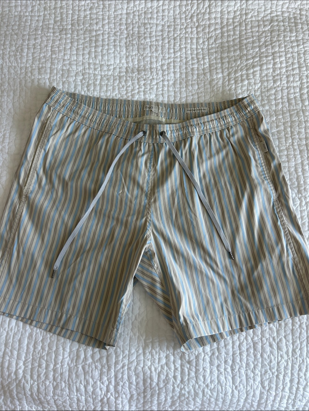 Onia Striped Swim Trunks in Light Blue & Beige